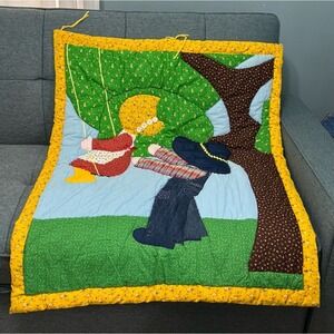 Quilt Wallhanging Handmade Sunbonnet Sue & Overall Sam, Tree Swing VTG 34"x42"
